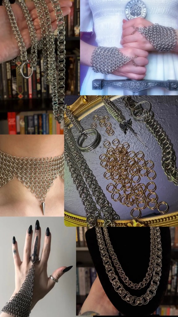 collage image of various chainmail jewelry and accessories